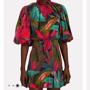 FARM RIO Midnight Leaves Puff Sleeve Mini Dress